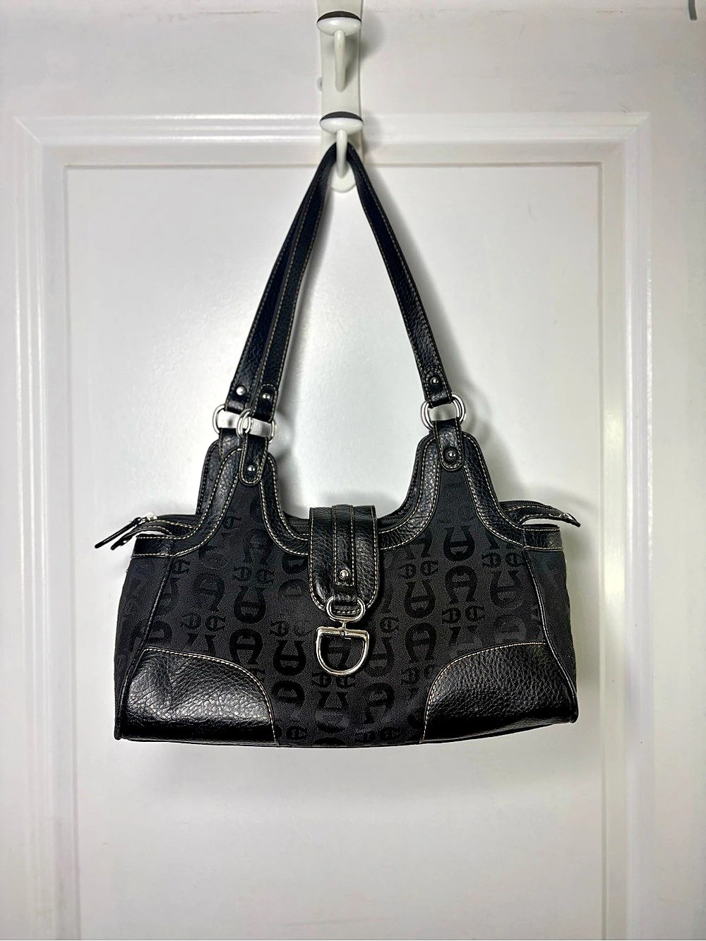 Vintage Etienne Aigner Monogram Jacquard Shoulder Bag • Leather Trim • Black •